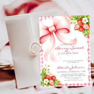 Preppy Pink Bow Berry Sweet Baby Shower Invitation