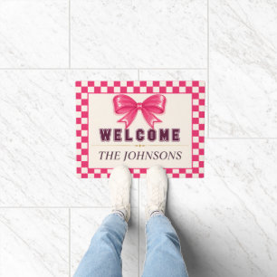 Preppy Pink Bow Chequerboard Welcome Doormat