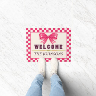 Preppy Pink Bow Chequerboard Welcome Doormat