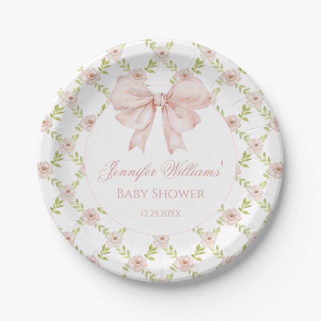 Preppy Pink Bow Floral Spring Baby Girl Shower Paper Plate (Front)