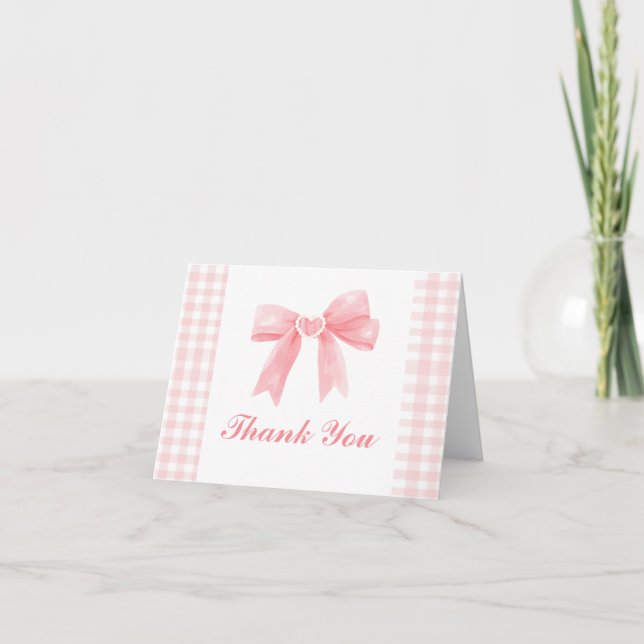 Preppy Pink Bow Gingham Coquette Birthday Thank You Card (Front)