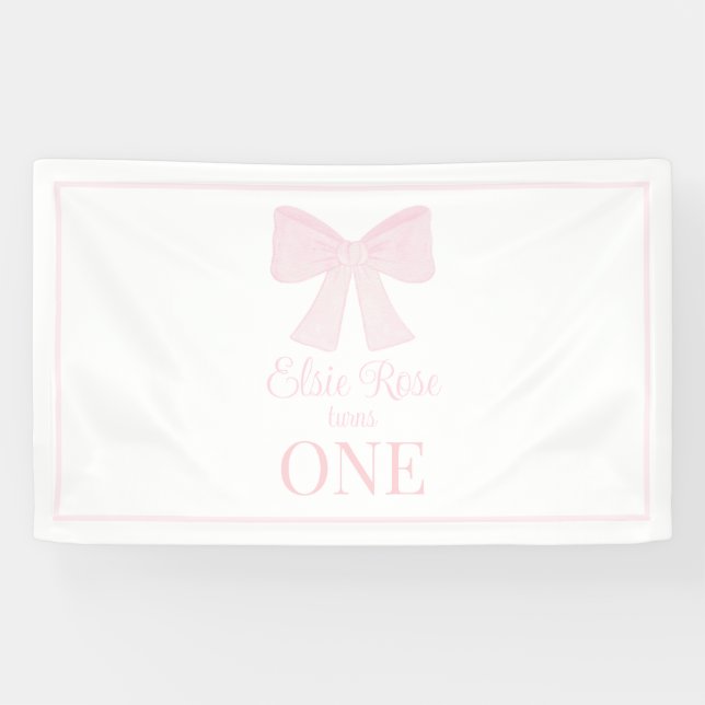 Preppy Pink Bow Grandmillennial First Birthday Banner (Horizontal)