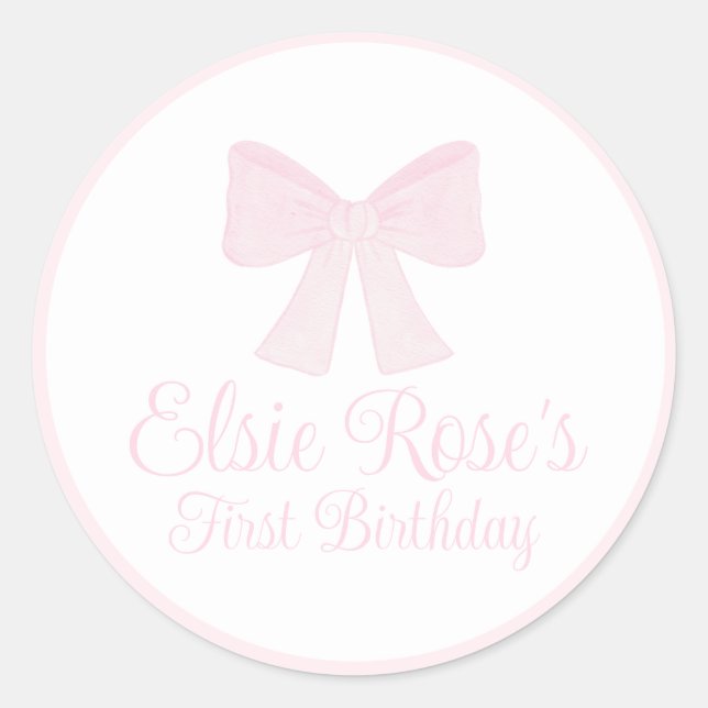 Preppy Pink Bow Grandmillennial First Birthday Classic Round Sticker (Front)