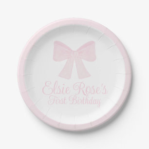 Preppy Pink Bow Grandmillennial First Birthday Paper Plate