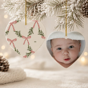 Preppy Pink Bow Greenery Photo Holiday Heart Ceramic Tree Decoration