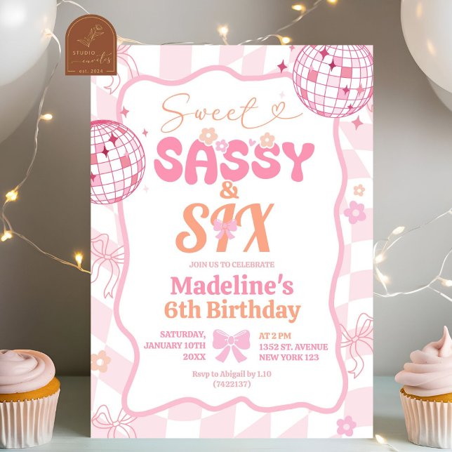 Preppy Pink Bow Sweet Sassy Six Birthday Girl Invitation (Creator Uploaded)