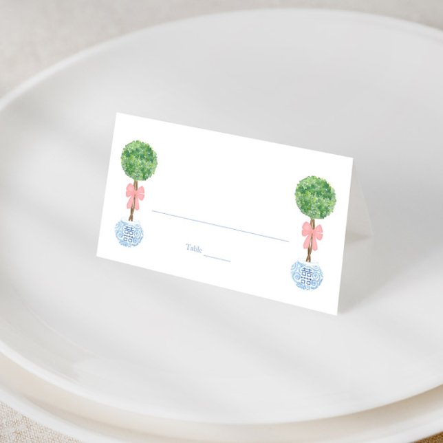 Preppy Pink Bow Topiary Girl Baby Shower Brunch Pl Place Card (Elegant boxwood topiary balls with pink bow place cards for baby girl shower or wedding)