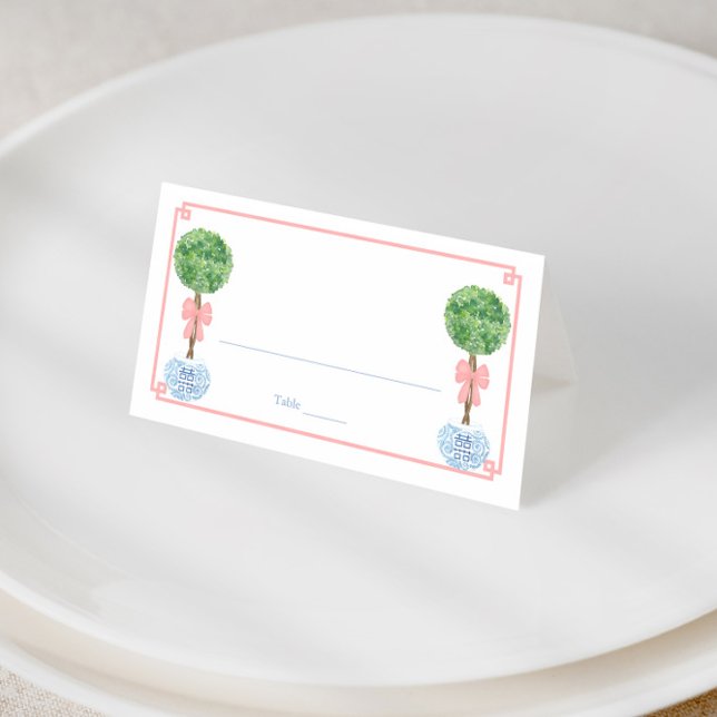 Preppy Pink Bow Topiary Girl Baby Shower Brunch Place Card (Pink Greek Key border with boxwood topiary baby shower place cards)