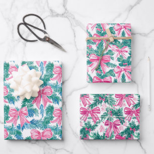Preppy Pink Bows and Garland Christmas Wrapping Paper Sheet