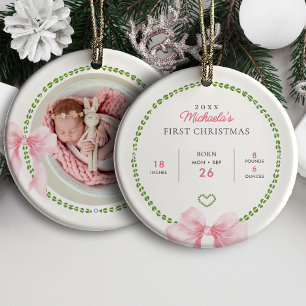 Preppy Pink Bows Baby's First Christmas Photo Ceramic Tree Decoration