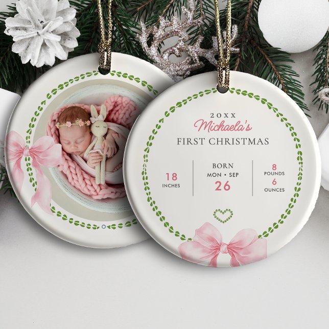 Preppy Pink Bows Baby's First Christmas Photo Ceramic Tree Decoration (Creator Uploaded)