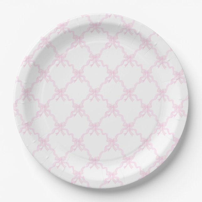 Preppy Pink Bows Trellis First Birthday Ribbonerie Paper Plate (Front)
