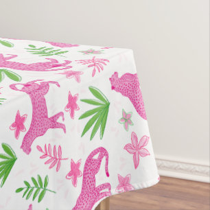 Preppy Pink Cheetah Floral / Chic Animal White Tablecloth