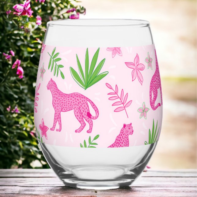 Preppy Pink Cheetah Pink Background  Stemless Wine Glass (Creator Uploaded)