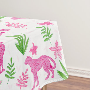 Preppy Pink Cheetah White Floral Background  Tablecloth