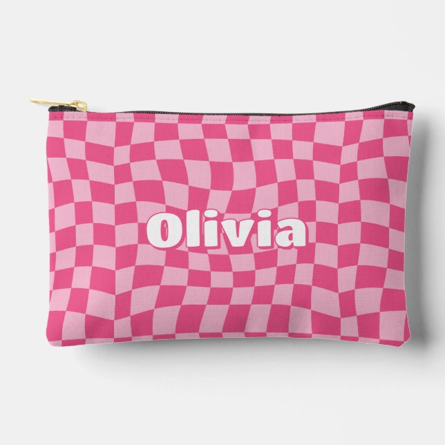 Preppy Pink Chequered Pencil Case Accessory Pouch (Front)