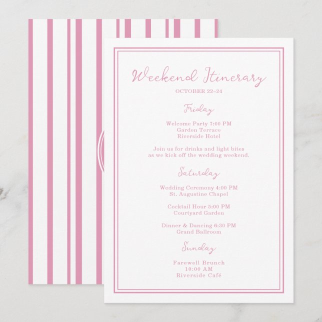 Preppy Pink Chic Wedding Weekend Itinerary Card (Front/Back)