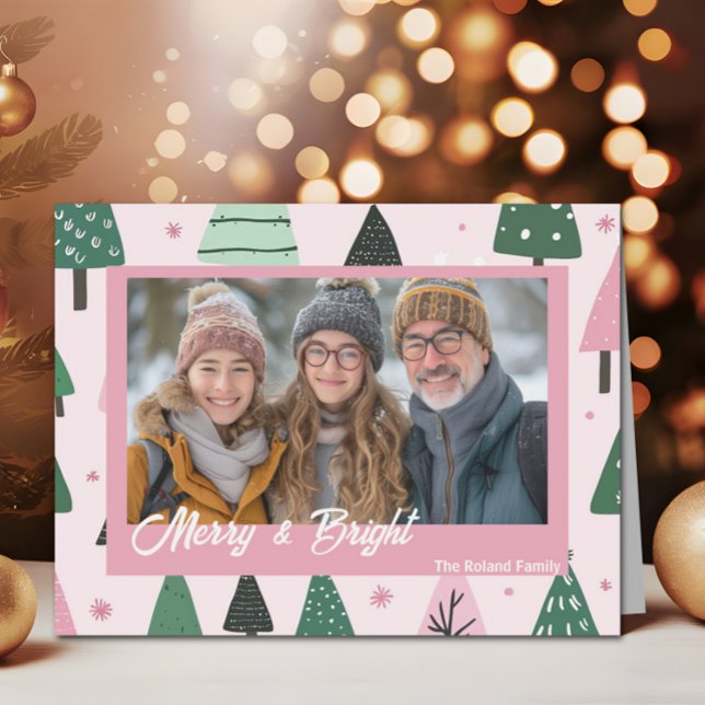 Preppy Pink Christmas Tree Holiday Photo (Pink and Green Christmas Tree Folded Holiday Photo)