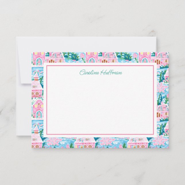 Preppy Pink Christmas Village Personalised Thank You Card (Front)