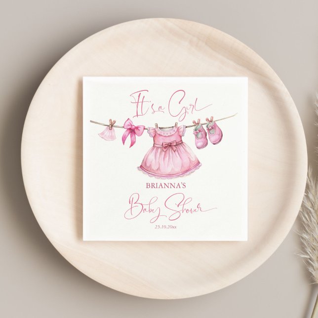 Preppy pink clothes on a line girls baby shower napkin (Preppy pink clothes on a line girls baby shower personalized printed napkins table decor)