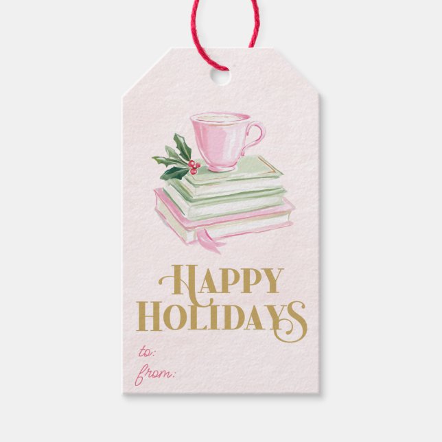 Preppy Pink Coffee & Books Happy Holidays gift tag (Front)