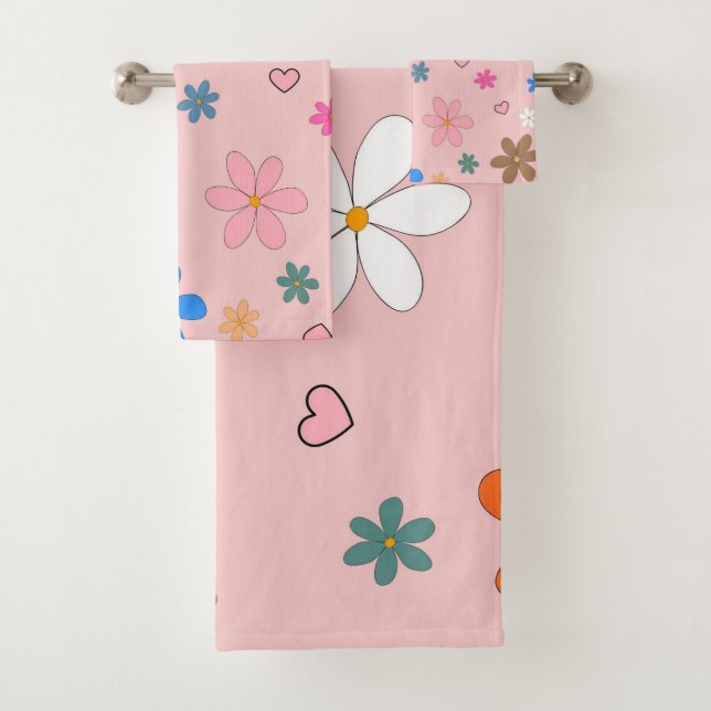 Preppy Pink Colourful Flower Heart Y2K Pattern Bath Towel Set (Insitu)