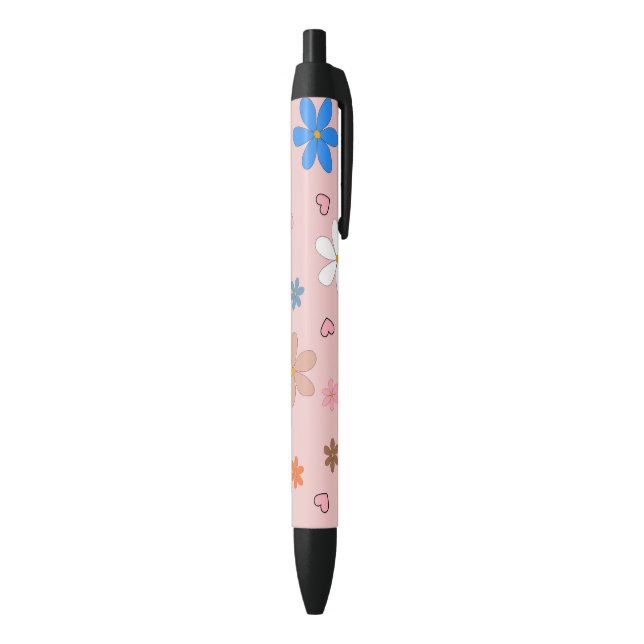 Preppy Pink Colourful Flower Heart Y2K Pattern Black Ink Pen (Bottom (Vertical))