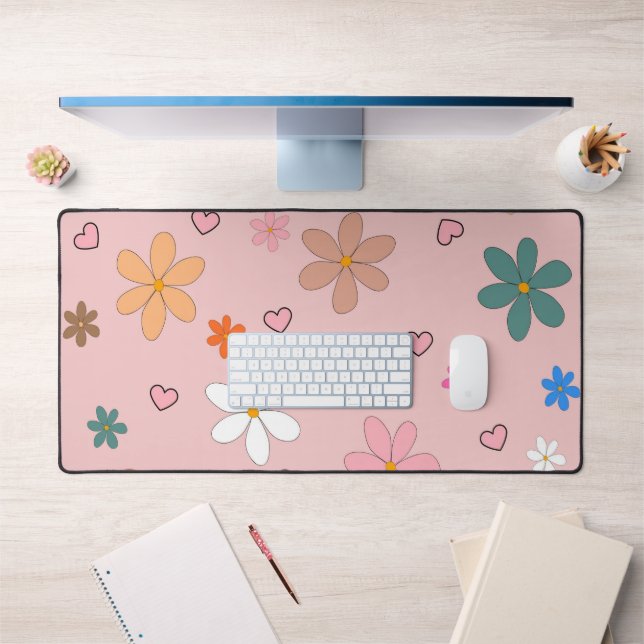 Preppy Pink Colourful Flower Heart Y2K Pattern Desk Mat (Office 1)