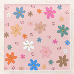 Preppy Pink Colourful Flower Heart Y2K Pattern Glass Coaster