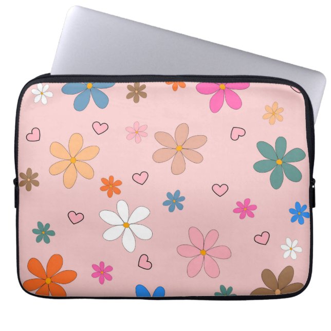 Preppy Pink Colourful Flower Heart Y2K Pattern Laptop Sleeve (Front)