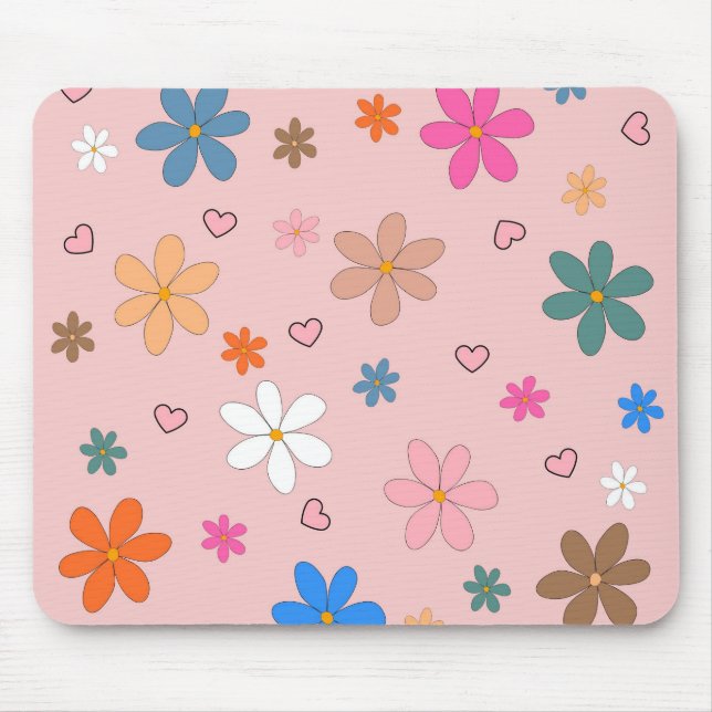 Preppy Pink Colourful Flower Heart Y2K Pattern Mouse Mat (Front)