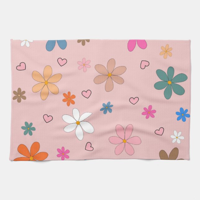 Preppy Pink Colourful Flower Heart Y2K Pattern Tea Towel (Horizontal)