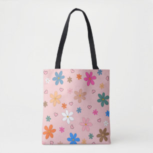 Preppy Pink Colourful Flower Heart Y2K Pattern Tote Bag