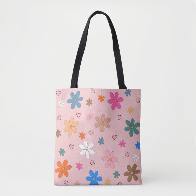 Preppy Pink Colourful Flower Heart Y2K Pattern Tote Bag (Front)