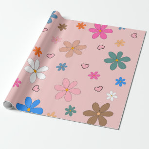Preppy Pink Colourful Flower Heart Y2K Pattern Wrapping Paper