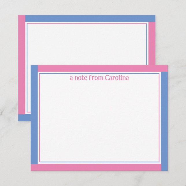 Preppy Pink & Cornflower Blue Name Stationery Card (Front/Back)