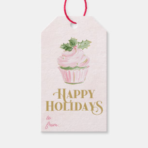 Preppy Pink Cupcake Happy Holidays gift tag