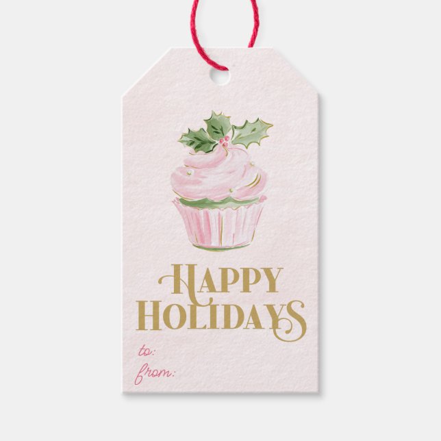 Preppy Pink Cupcake Happy Holidays gift tag (Front)