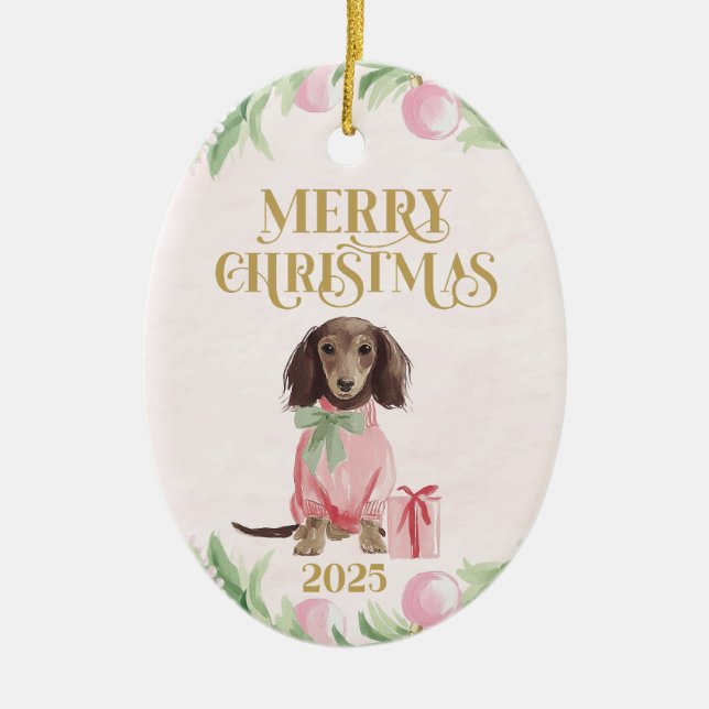 Preppy Pink Dachshund Christmas Ornament (Front)