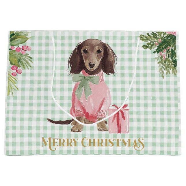 Preppy Pink Dachshund & Green Gingham Merry  Large Gift Bag (Front)