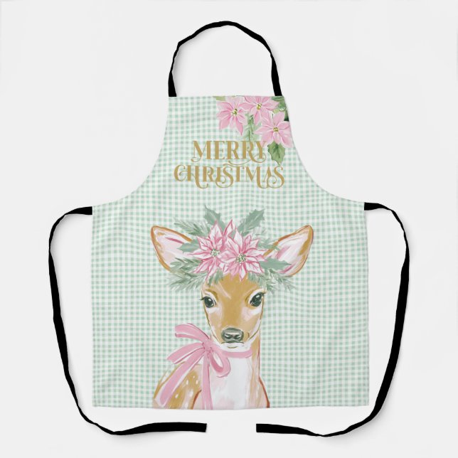 Preppy Pink Deer & Green Gingham  Apron (Front)