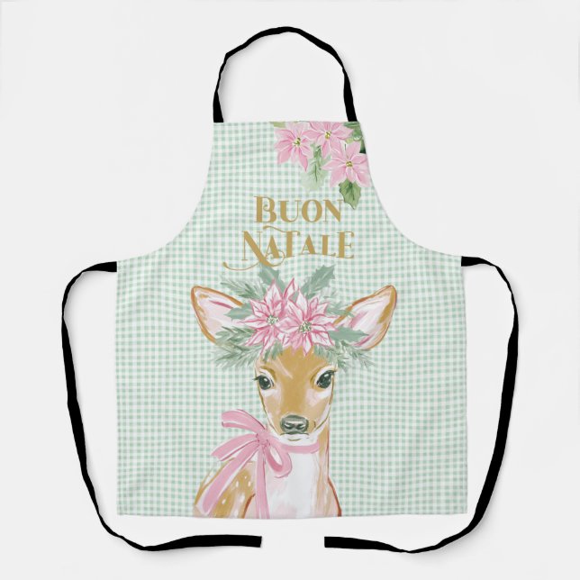 Preppy Pink Deer & Green Gingham Buon Natale Apron (Front)