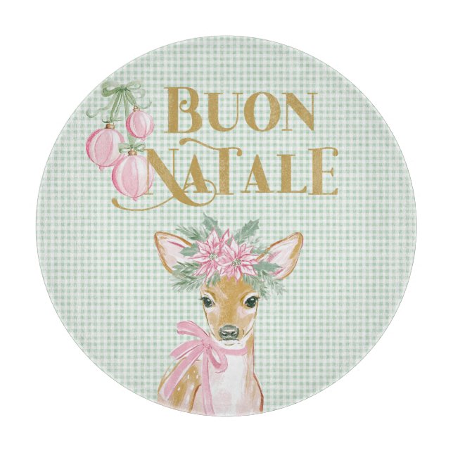Preppy Pink Deer & Green Gingham Buon Natale Cutting Board (Front)