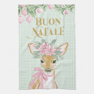 Preppy Pink Deer & Green Gingham Buon Natale Tea Towel