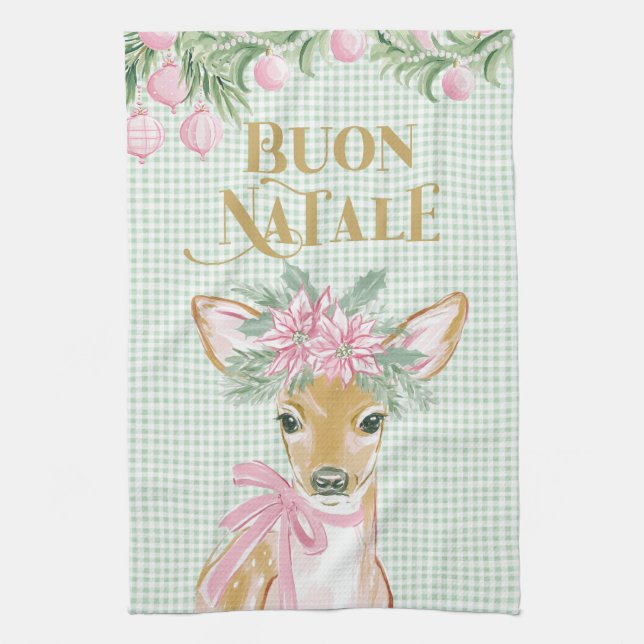 Preppy Pink Deer & Green Gingham Buon Natale Tea Towel (Vertical)