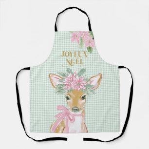 Preppy Pink Deer & Green Gingham Joyeux Noël Apron