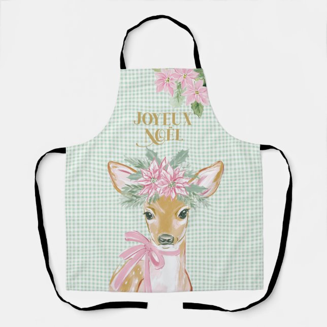 Preppy Pink Deer & Green Gingham Joyeux Noël Apron (Front)
