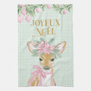 Preppy Pink Deer & Green Gingham Joyeux Noël Tea Towel