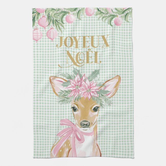Preppy Pink Deer & Green Gingham Joyeux Noël Tea Towel (Vertical)