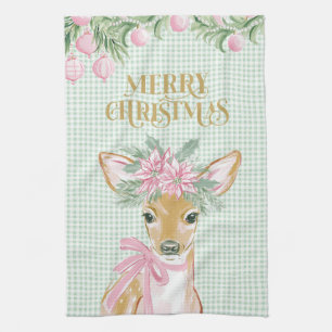 Preppy Pink Deer & Green Gingham Tea Towel
